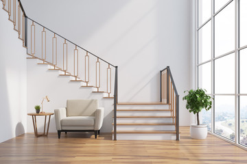 white living room interior, stairs, armchair
