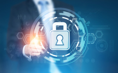 Poster - Digital security, glowing finger businessman