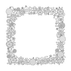 New year hand drawn square frame in zentangle inspired style isolated on white background. Doodle snowflakes, fir-tree balls, ribbon decorative border. Coloring book for adult.