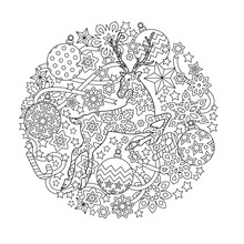New Year Mandala With Deer And Festive Objects. Zentangle Inspired Style. Zen Monochrome Graphic. Image For Calendar, Congratulation Card, Coloring Book.