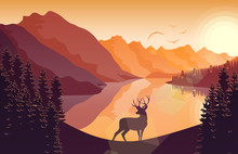 Mountain Landscape With Deer In A Forest And Lake At Sunset