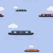 Editable Side View Narrow Boat Vector Illustration in Various Colors with Cloudy Sky Seamless Pattern for Creating Background of Transportation or Recreation of United Kingdom or Europe Related Design