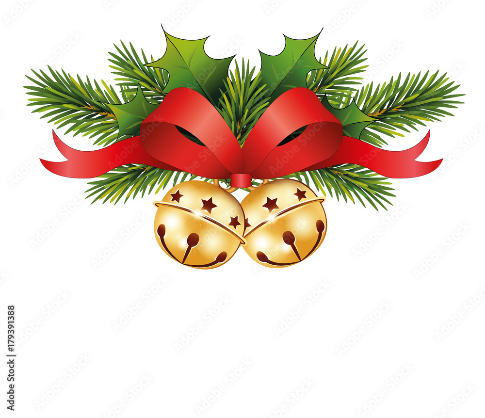 Rote Schleife mit Schellenglöckchen und Tannenzweige, Weihnachtsgirlande Banner, Vektor Illustration isoliert auf weißem Hintergrund Stock Vector