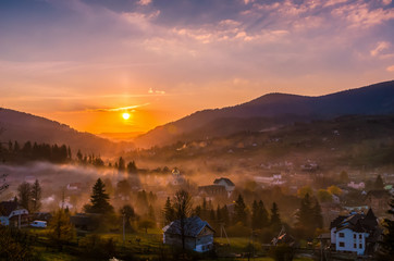 Ukrainian Carpathian Mountains landscape background during the sunset in the autumn season