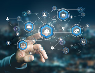 Poster - International business network connection displayed on a futuristic interface with technology icon and sphere globe - Worldwide business concept