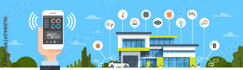 Fotografía Hand Holding Smartphone With Smart Home System Control Interface Modern House Au