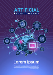 Poster - Artificial Intelligence Banner With Cyber Brain Cog Wheel And Gears Over Motherboard Vertical Background With Copy Space Flat Vector Illustration