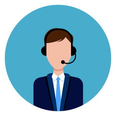 Poster - Call Service Support Male Worker Icon Round Blue Background Flat Vector Illustration