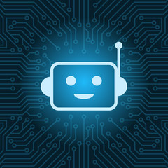 Poster - chat bot face icon smiling robot over blue circuit motherboard background vector illustration