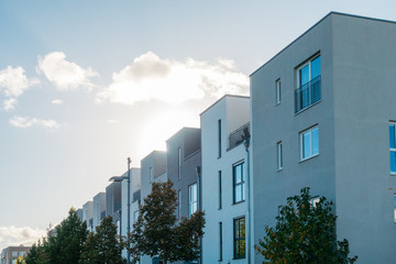 Wall Mural - cold colored modern townhouses in a row with lens flare