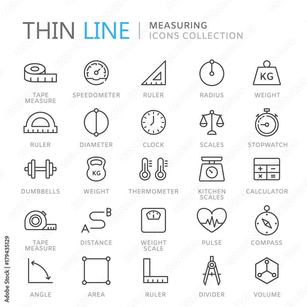 Collection of measuring thin line icons - obrazy, fototapety, plakaty 
