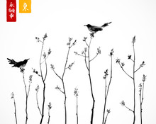 Two Black Birds On Trees Branches On White Background. Contains Hieroglyphs - Zen, Freedom, Nature