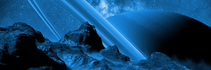 Wall Mural - a view of planet saturn and the rings, as seen from one of its moons
