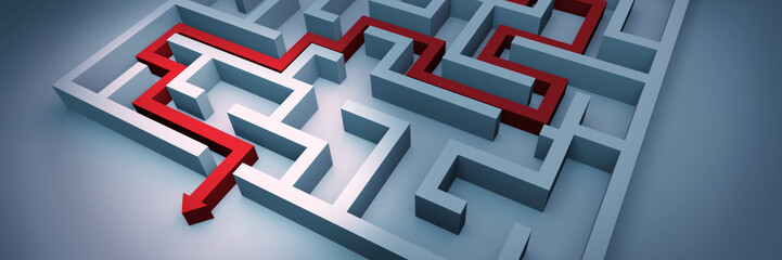 white maze structure with red arrow showing the path through the maze