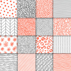 Wall Mural - Abstract hand drawn geometric simple minimalistic seamless patterns set. Polka dot, stripes, waves, random symbols textures. Bright colorful vector illustration. Template for your design