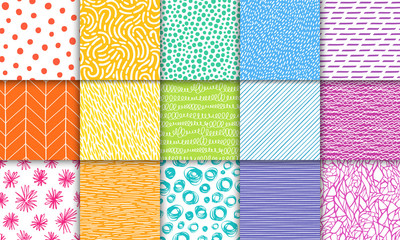 Wall Mural - Abstract hand drawn geometric simple minimalistic seamless patterns set. Polka dot, stripes, waves, random symbols textures. Bright colorful vector illustration. Template for your design