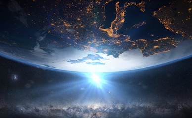 Wall Mural - sunset under planet Earth in front of the Milky Way galaxy (stylized 3d render, elements of this image are furnished by NASA)