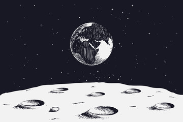 Wall Mural - view from surface of the Moon to Earth.Hand drawn vector illustration