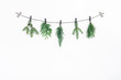 Christmas composition. Christmas garland made of conifer tree branches on white background. Flat lay, top view, copy space