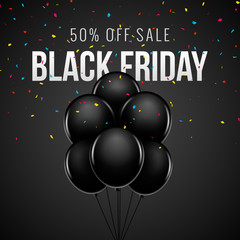 Wall Mural - Black Friday Sale bunch balloon decoration confetti background design. Vector balloon discount banner