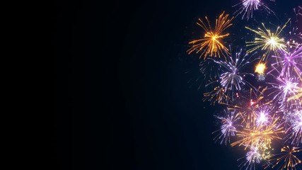 Canvas Print - Fireworks on edge and free space. Computer generated abstract holiday seamless loop animation 4k (4096x2304)
