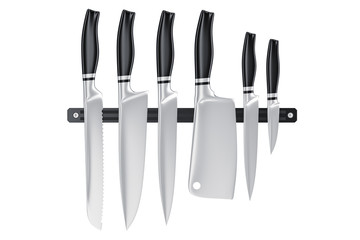 Poster - Set of kitchen knives on magnetic holder, 3D rendering