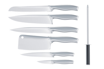 Poster - Set of kitchen knives with knife sharpener, 3D rendering