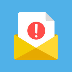 Poster - Envelope and document with exclamation mark. New e-mail received, email, spam, notification concepts. Modern graphic elements. Flat design vector icon