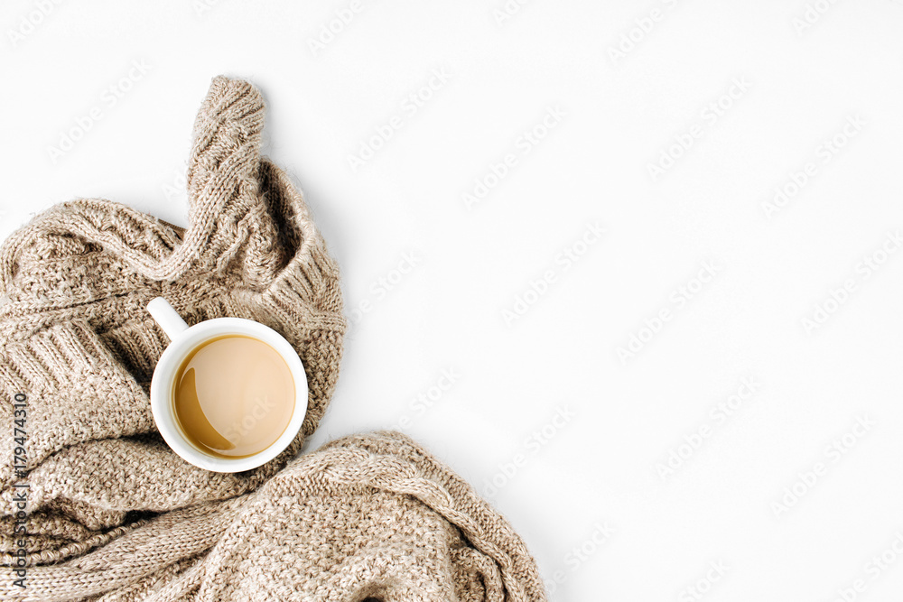 Cup of coffee  with warm plaid. Copy space. Flat lay, top view - obrazy, fototapety, plakaty 