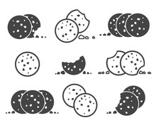 Bitten Chip Cookies Icon Set. Biscuit Cookie Or Biscotti Vector Icons Isolated On White Background