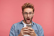 © WHstudio Leushin N - Portrait of handsome man looks shocked in smart phone, sees calendar date, finds out that he can`t manage to go on meeting, types message of refusal. People, emotions and technology concept.