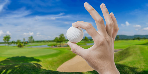 Wall Mural - hand holding golf ball on golf course background