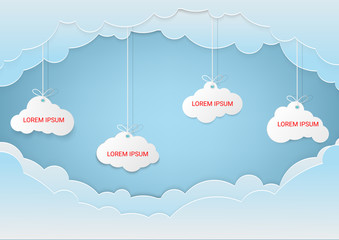 Poster - Speech Bubble or White blank hanging paper clouds. Sales design element, store decoration, price frame, message banner. cloud service technology.