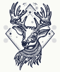 Deer tattoo and t-shirt design. Christmas reindeer. Symbol of winter, new year, Christmas. Beautiful reindeer portrait tattoo art