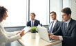 © ty - Job interview with the employer, businessman listen to candidate answers.