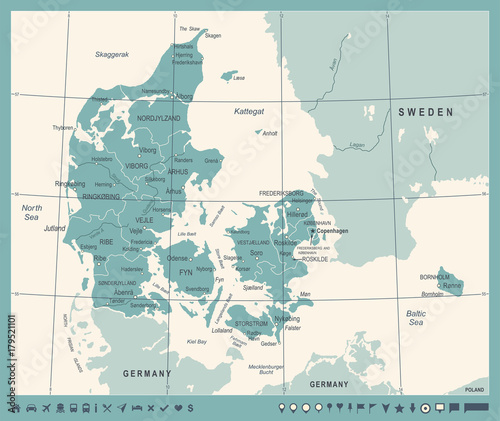 Fotomural Denmark Map - Vintage Vector Illustration