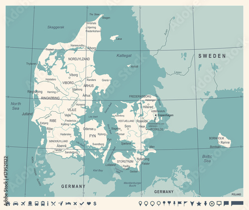 Cuadros en Lienzo Denmark Map - Vintage Vector Illustration
