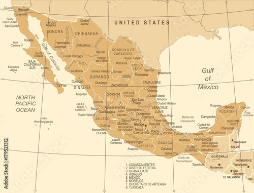 Cuadros en Lienzo Mexico Map - Vintage Vector Illustration