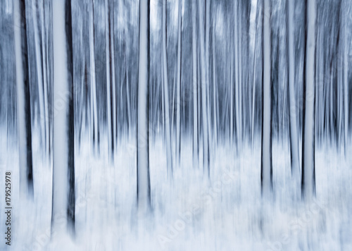 Zdjęcie XXL Zimowy krajobraz z drzewami i śnieg. Jest to robione przez delikatne potrząsanie kamerą przy długiej ekspozycji.