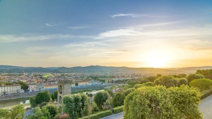 Sticker - Sunrise top view of Florence city timelapse with arno river bridges and historical buildings