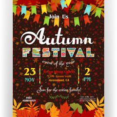 Wall Mural - Autumn festival poster template with colorful fall leaves and fireworks background.