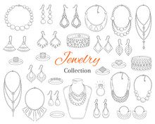 Fashionable Jewelry Collection, Vector Hand Drawn Doodle Illustration.