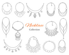 Fashionable Necklaces Collection, Vector Hand Drawn Doodle Illustration.