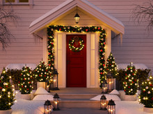 Christmas Decorated Porch With Little Trees And Lanterns. 3d Rendering