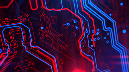 Poster - Red and Blue Digital Integrated Technology. Technological background. PCB. Printed circuit board. Computer motherboard. 3d illustration.