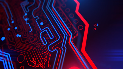 Poster - Red and Blue Digital Integrated Technology. Technological background. PCB. Printed circuit board. Computer motherboard. 3d illustration.