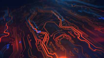 Poster -  Orange Yellow and Blue Digital Hardware Technology. Computer background. PCB. Printed circuit board. Computer motherboard. 3d illustration.