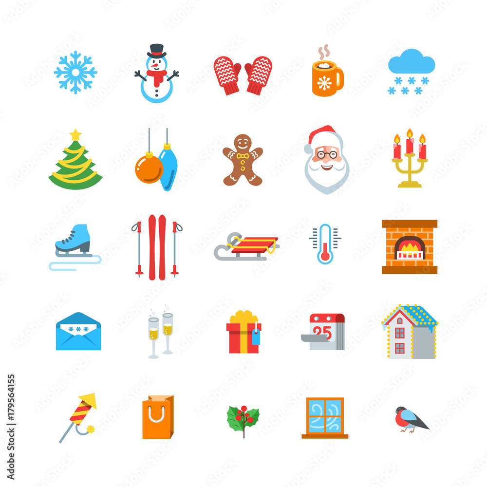 Stock-Vektorgrafik „Winter season icons set. Flat vector illustration.  Collection of Christmas symbols, New Year celebration, cold weather  holidays activities and sports. Cartoon pictograms isolated on white.“ |  Adobe Stock, image size:1000x1000