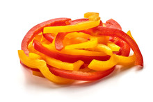 Sliced Red And Yellow Bell Pepper, Close-up, Isolated On White Background.