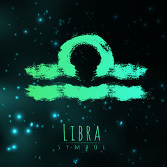 Vector abstract zodiac sign Libra on a dark cosmic background of the space with shining stars. Nebula in form of zodiac sign Libra . Abstract brush stroke sign. Bright modern gradient symbol. Logo